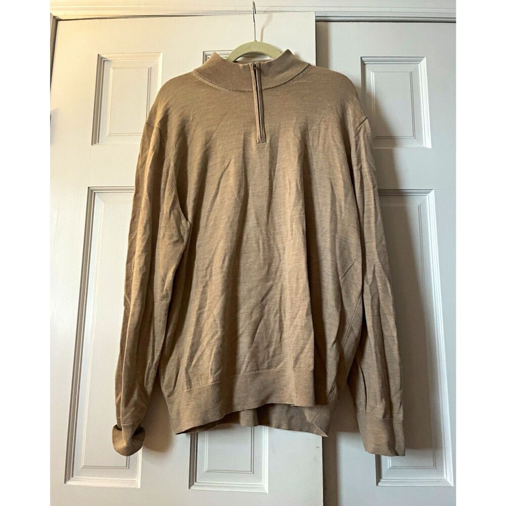 Charles Tyrwhitt Merino Wool Zip Neck Sweater Mens XL Camel Brown Extra Fine